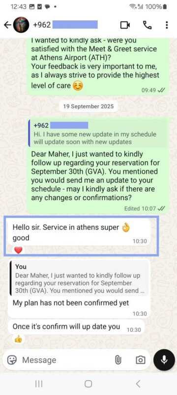 Client WhatsApp review ATH Meet & Greet service