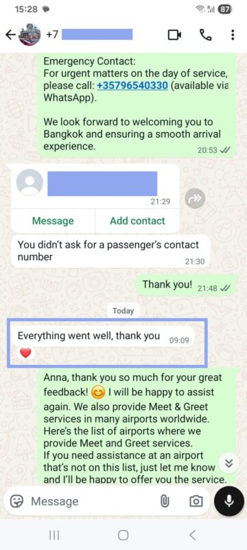 Client WhatsApp review BKK Meet & Greet service