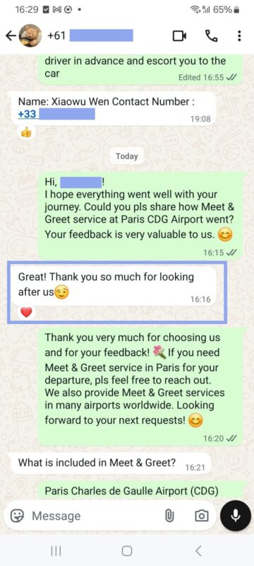 Client WhatsApp review CDG Meet & Greet service