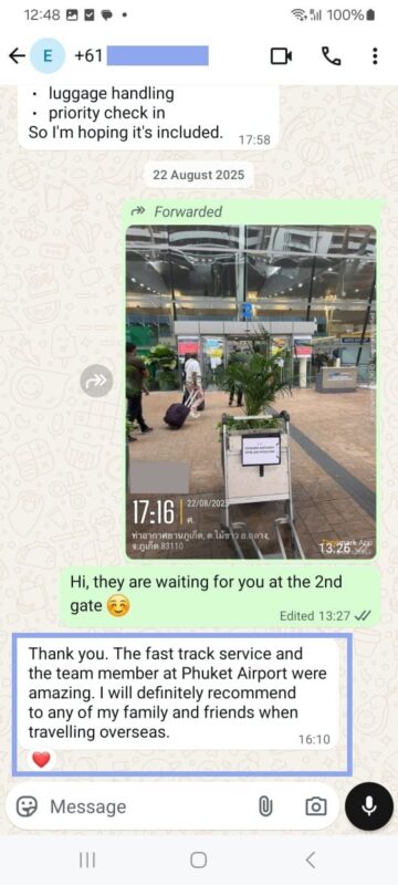 Client WhatsApp review HKT Meet & Greet service