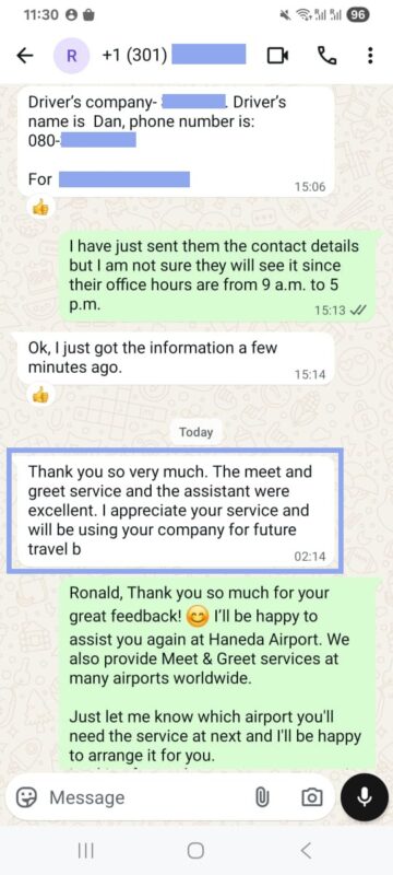 Client WhatsApp review HND Meet & Greet service