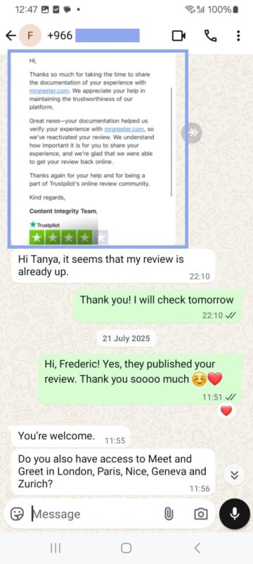 Client WhatsApp review LCA Meet & Greet service