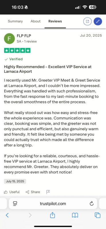 Client TrustPilot 5-star review LCA Meet & Greet service