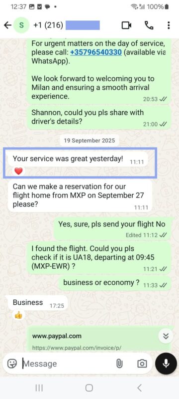 Client WhatsApp review MXP Meet & Greet service