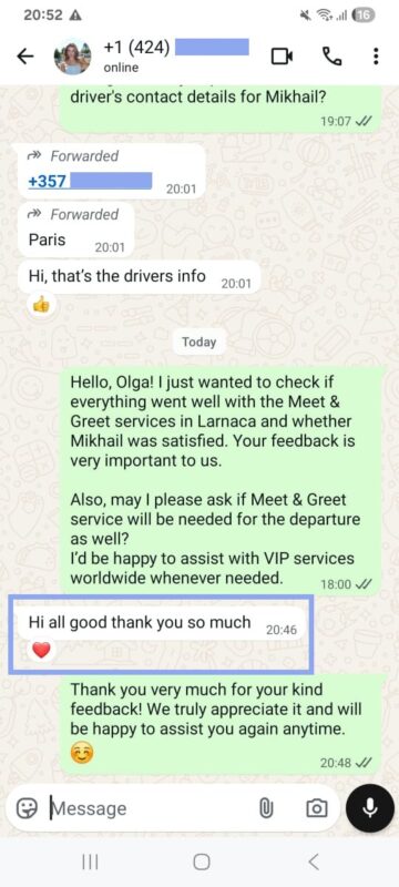 Client WhatsApp review LCA Meet & Greet