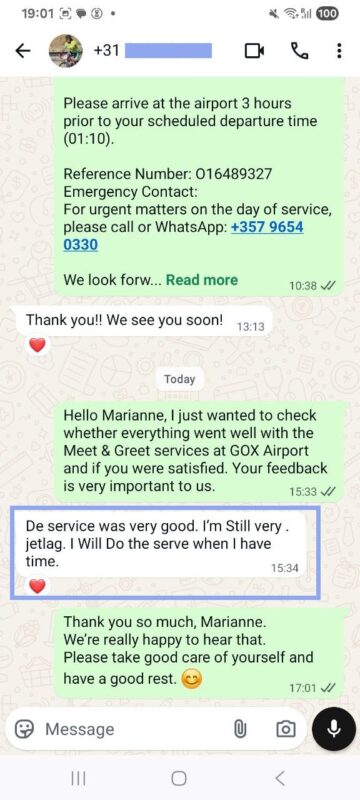 Client WhatsApp review GOX Meet & Greet